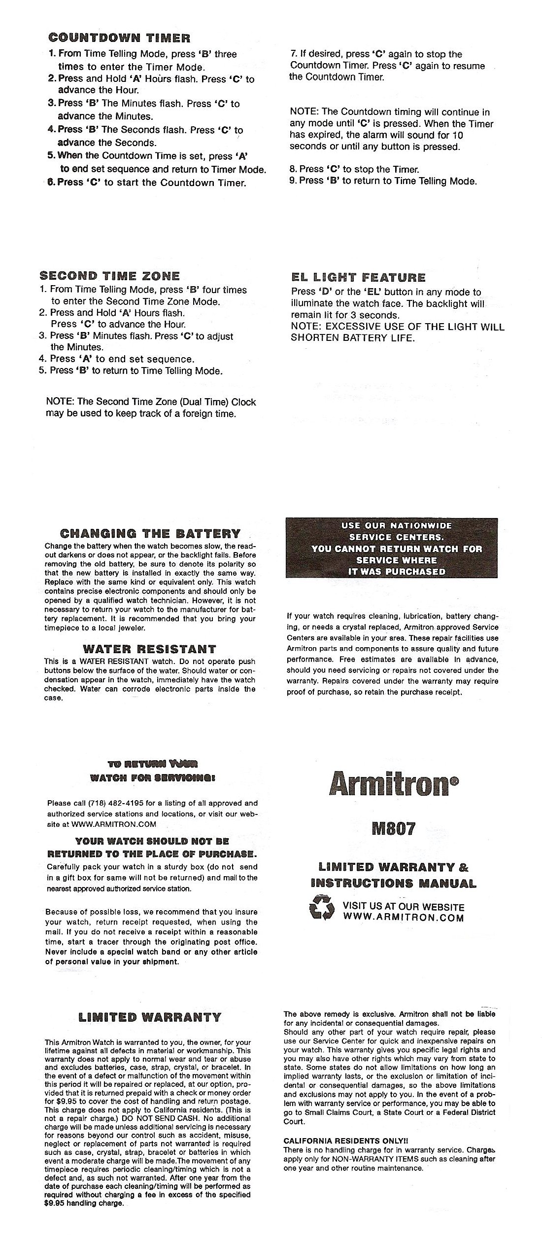 Armitron Pro Sport Watch Instructions